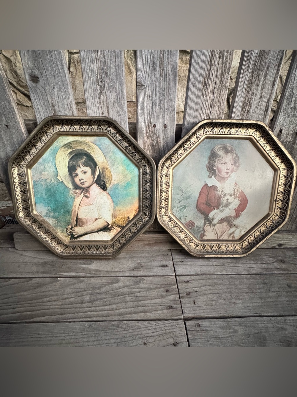 Vintage MCM Metal Portrait Tin Lids Wall Decor Pair
